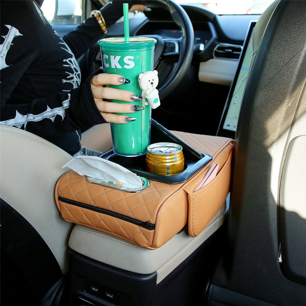 Universal Car Armrest Pad Storage Organizer PU Leather Tissue Box Central Cup Holder