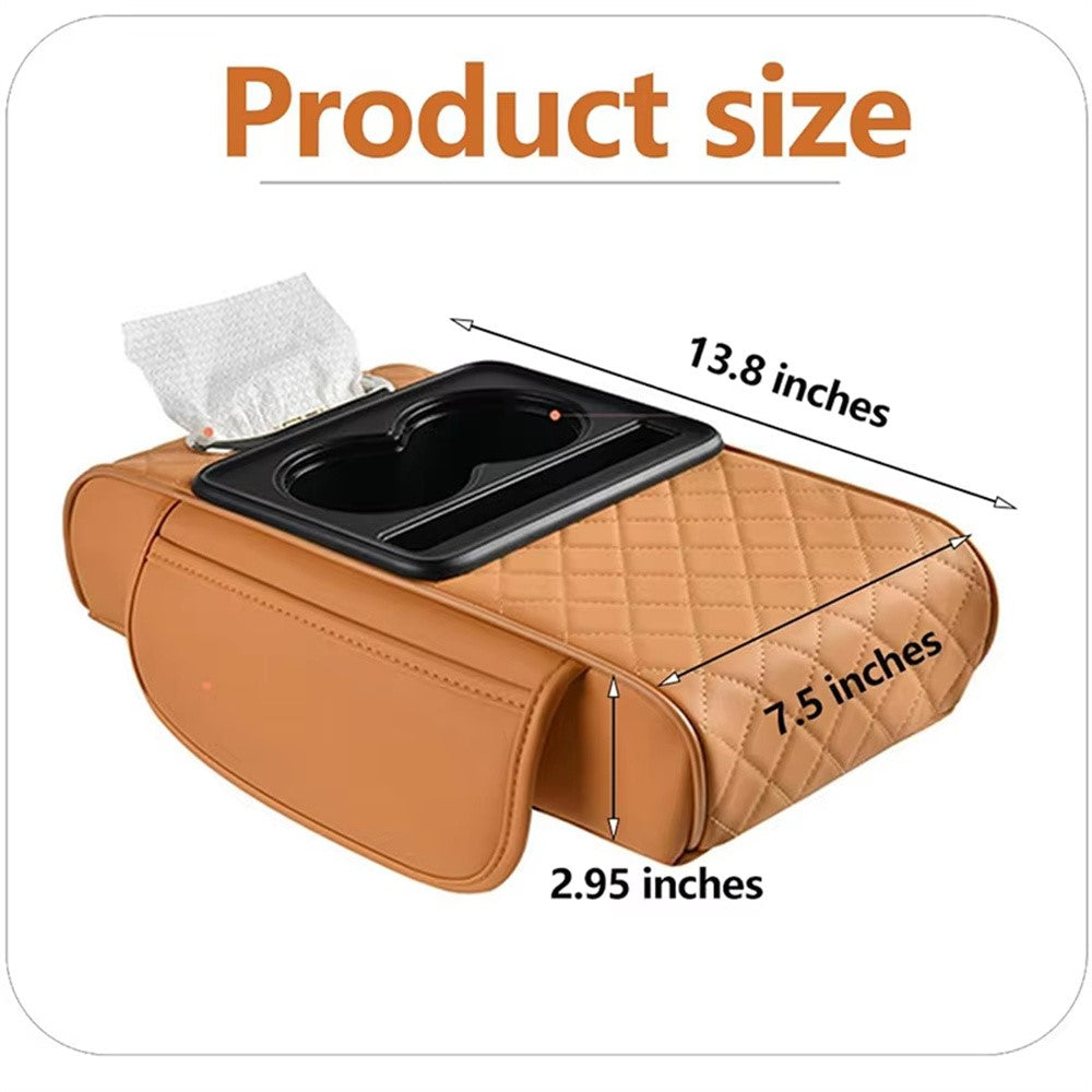 Universal Car Armrest Pad Storage Organizer PU Leather Tissue Box Central Cup Holder