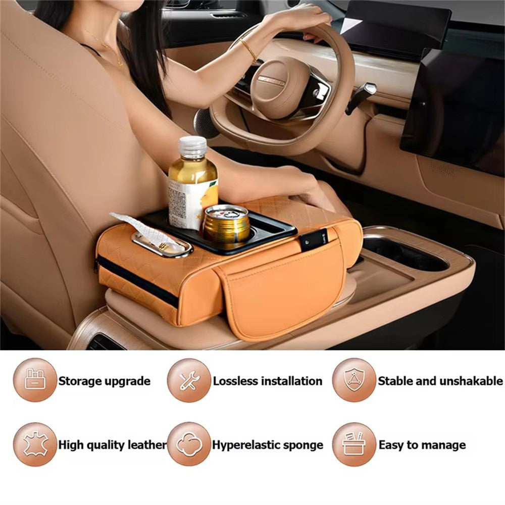 Universal Car Armrest Pad Storage Organizer PU Leather Tissue Box Central Cup Holder