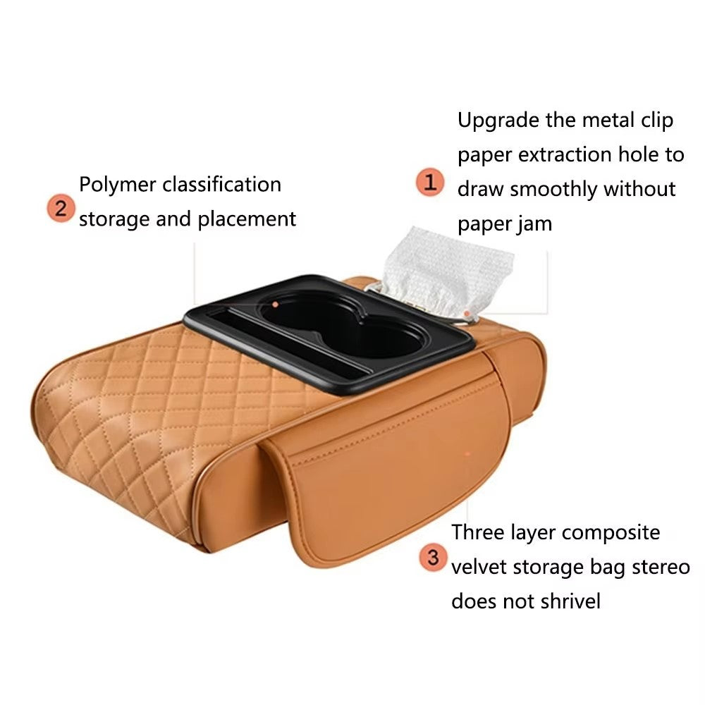 Universal Car Armrest Pad Storage Organizer PU Leather Tissue Box Central Cup Holder