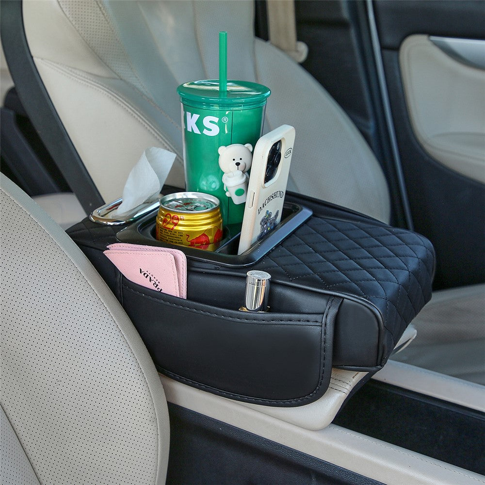 Universal Car Armrest Pad Storage Organizer PU Leather Tissue Box Central Cup Holder