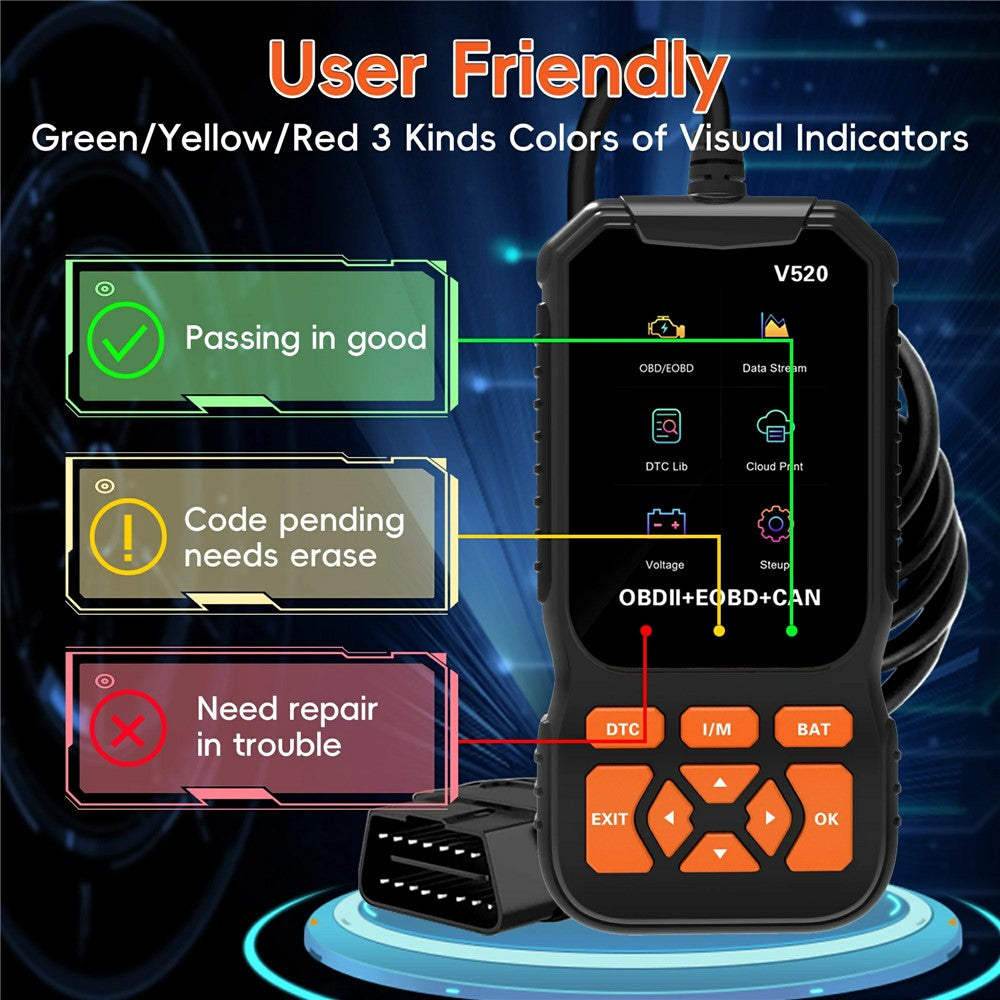 V520 2.8 Inch TFT Color Screen OBD2 Car Diagnostic Scanner for 1996 and Later Vehicles Engine Check Fault Codes Reader