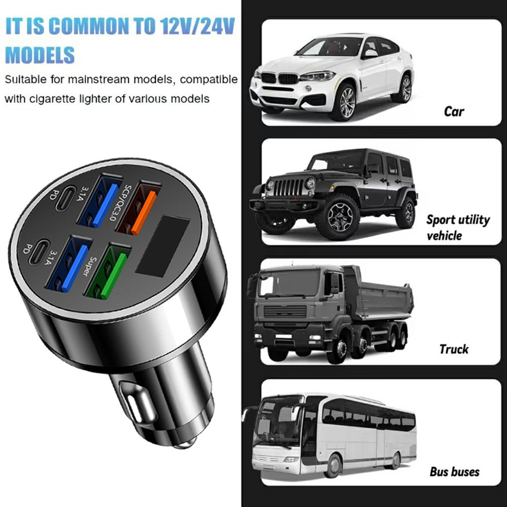 100W High Power 6-Port Car Charger PD QC3.0 Fast Charging Adapter with Voltage Display