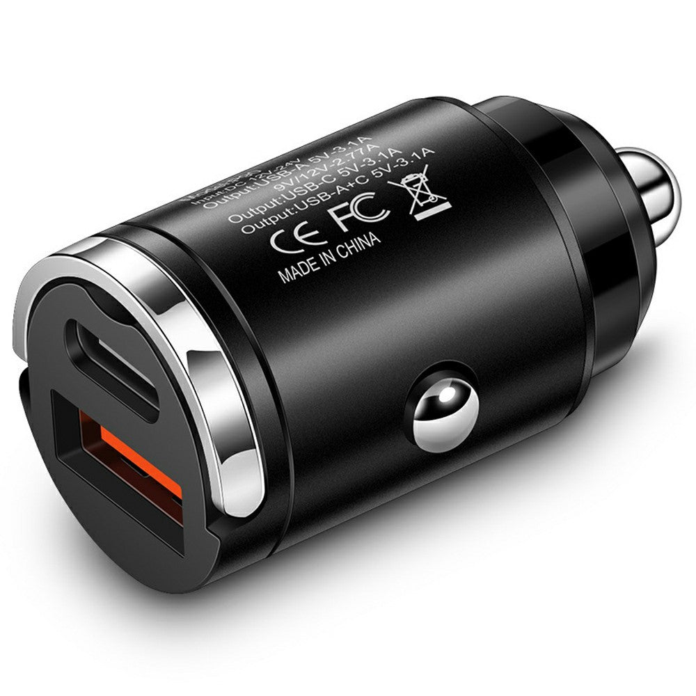 P90 3.1A 30W Fast Car Charger QC3.0 Type-C + PD USB Dual Port Charging Adapter with Pull Ring