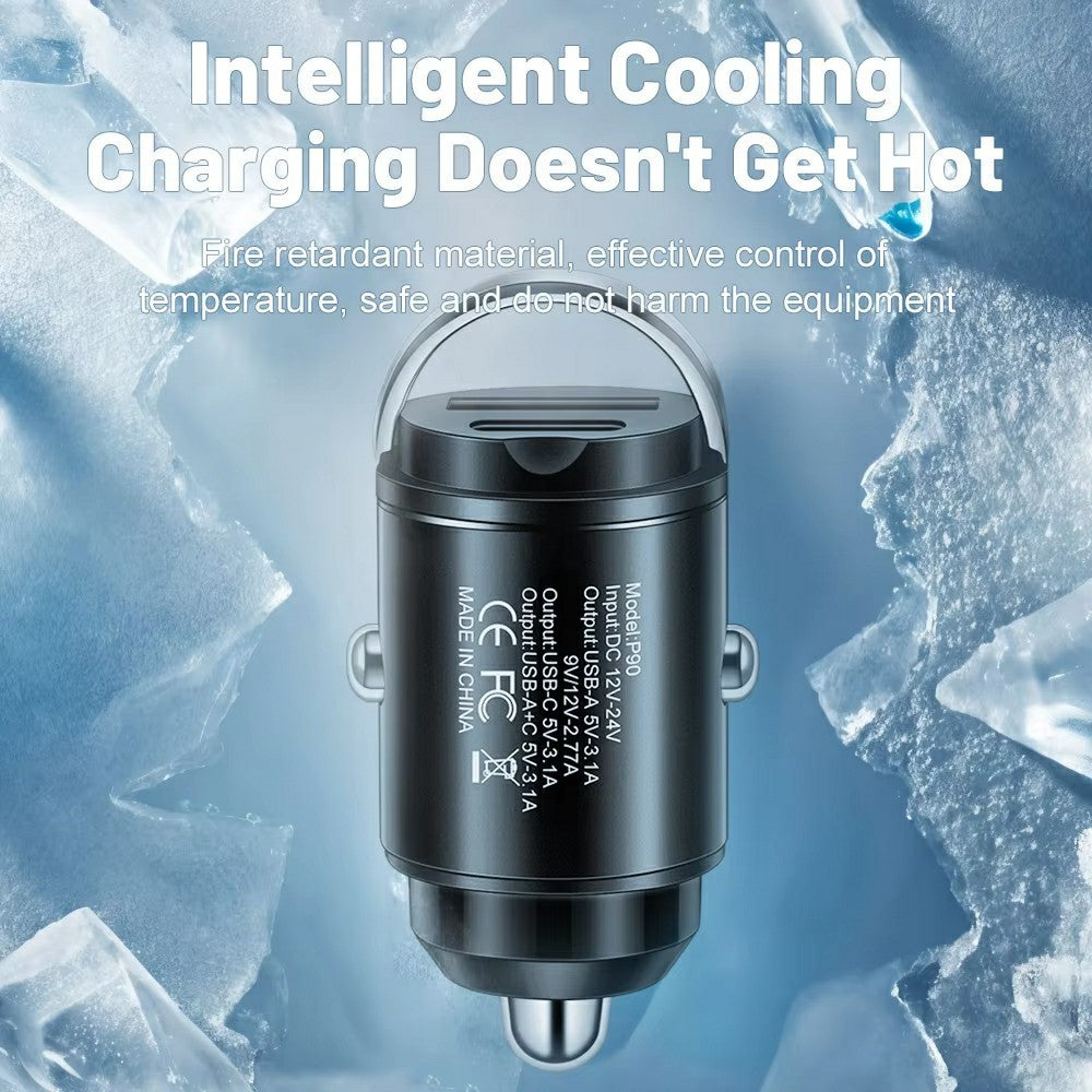 P90 3.1A 30W Fast Car Charger QC3.0 Type-C + PD USB Dual Port Charging Adapter with Pull Ring