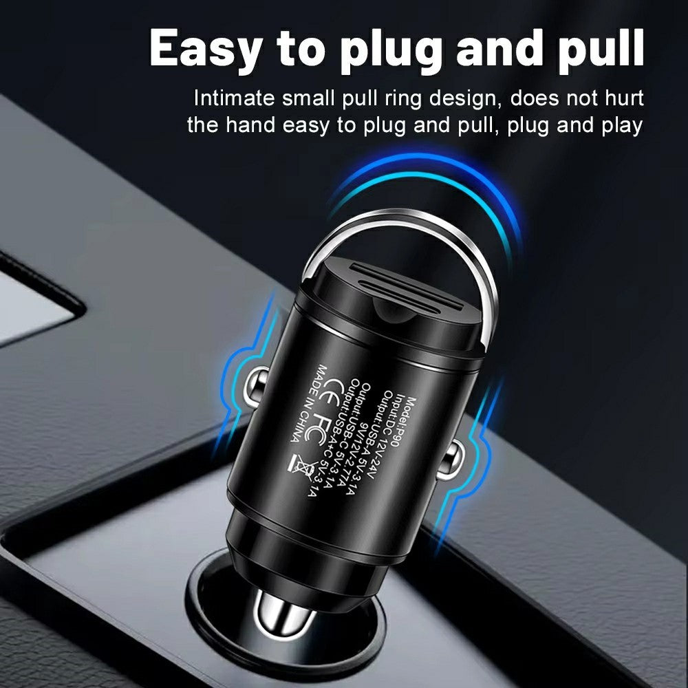 P90 3.1A 30W Fast Car Charger QC3.0 Type-C + PD USB Dual Port Charging Adapter with Pull Ring