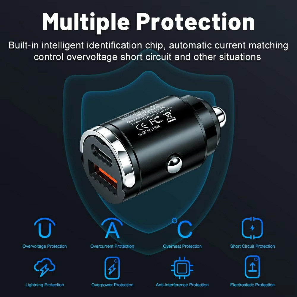 P90 3.1A 30W Fast Car Charger QC3.0 Type-C + PD USB Dual Port Charging Adapter with Pull Ring
