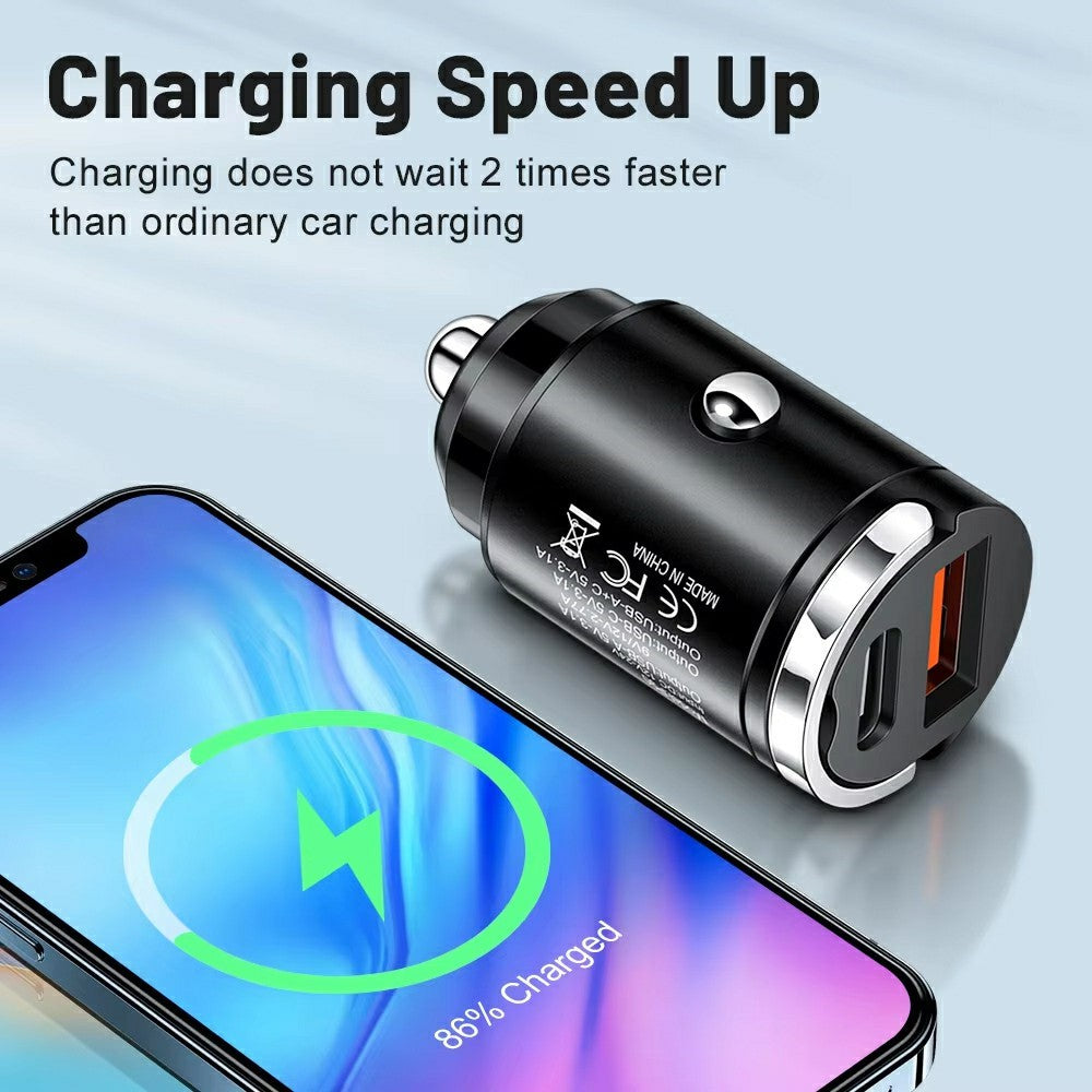 P90 3.1A 30W Fast Car Charger QC3.0 Type-C + PD USB Dual Port Charging Adapter with Pull Ring