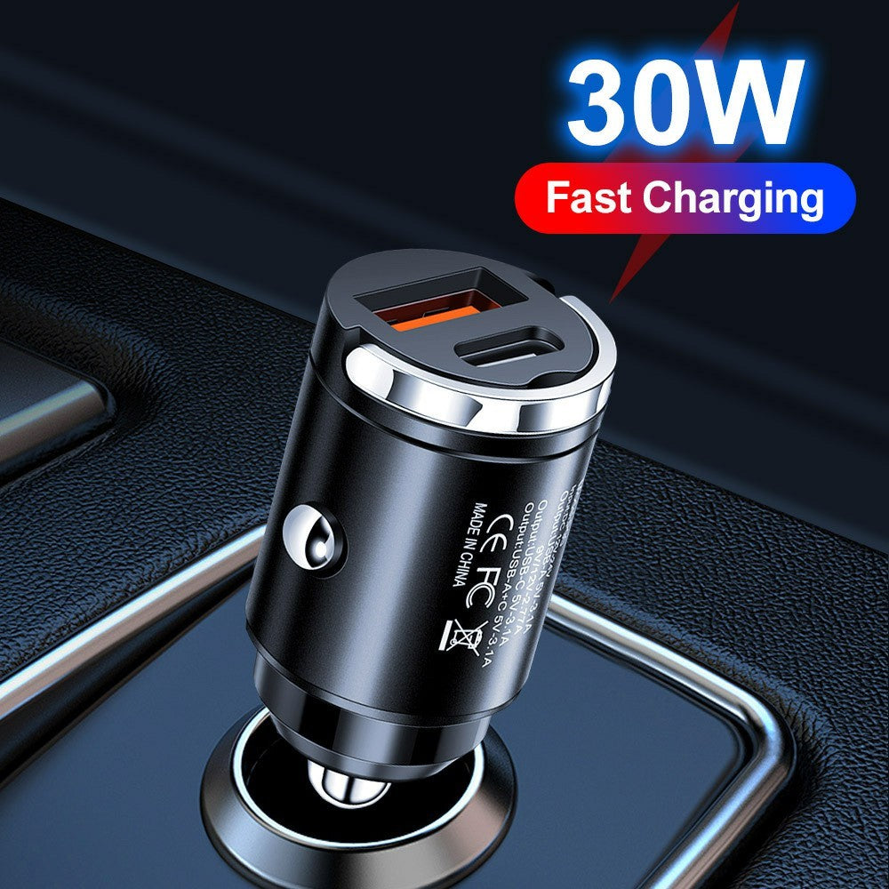 P90 3.1A 30W Fast Car Charger QC3.0 Type-C + PD USB Dual Port Charging Adapter with Pull Ring