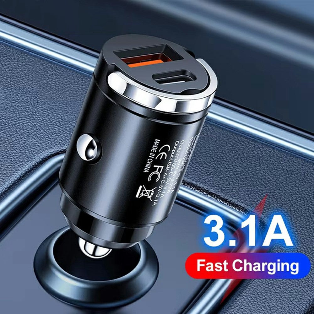 P90 3.1A 30W Fast Car Charger QC3.0 Type-C + PD USB Dual Port Charging Adapter with Pull Ring