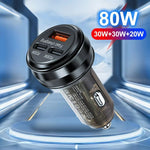 80W Car Charger 3 Ports USB + PD Type C Fast Charging Portable Cigarette Lighter Adapter