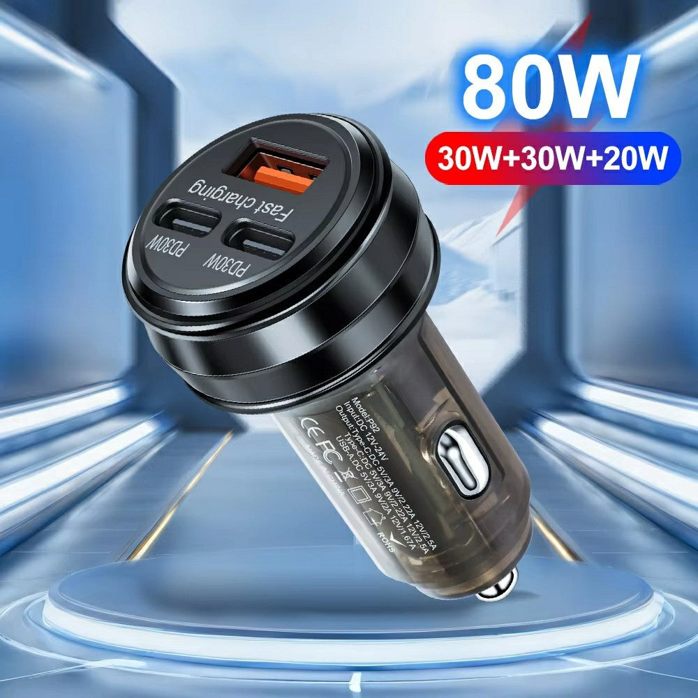 80W Car Charger 3 Ports USB + PD Type C Fast Charging Portable Cigarette Lighter Adapter