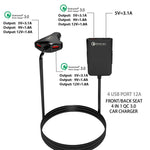 4 USB Ports Car Charger 3.1A QC3.0 Fast Charging Adapter with 5.6ft Cable for Front and Rear Seat Passengers