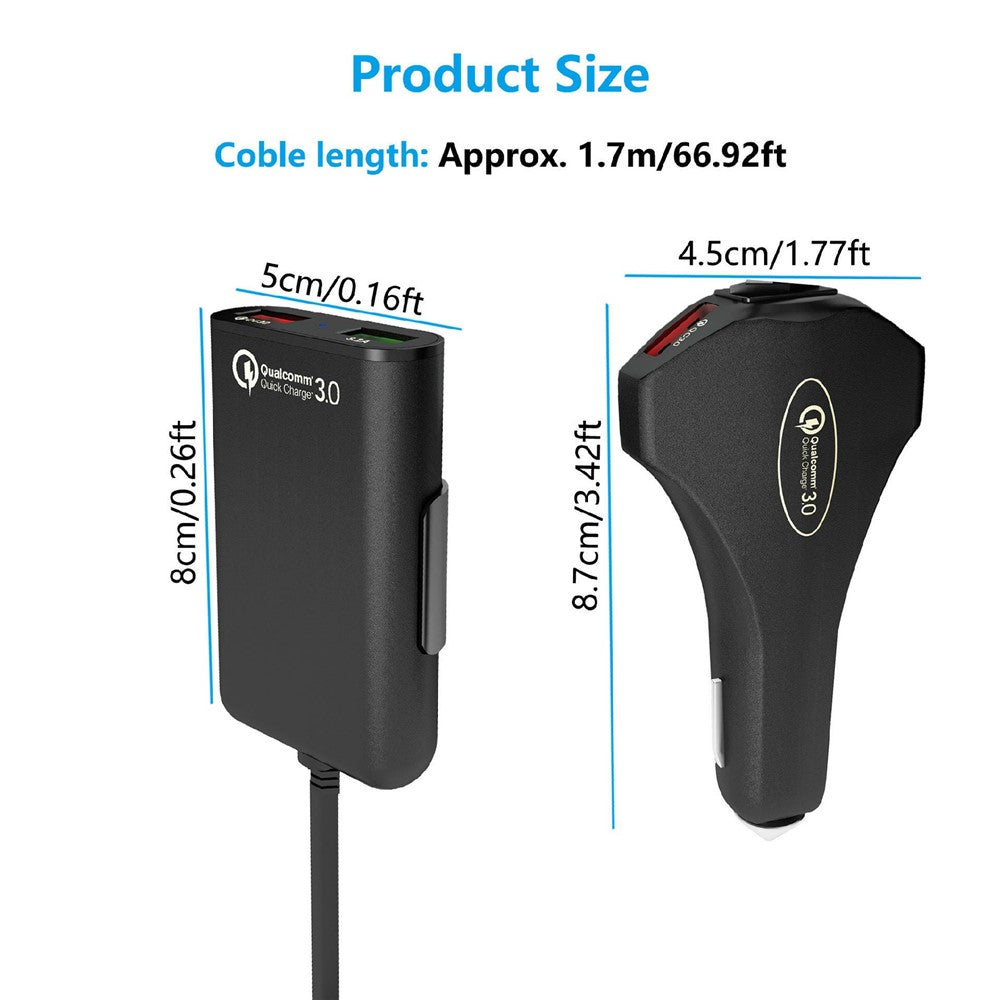 4 USB Ports Car Charger 3.1A QC3.0 Fast Charging Adapter with 5.6ft Cable for Front and Rear Seat Passengers