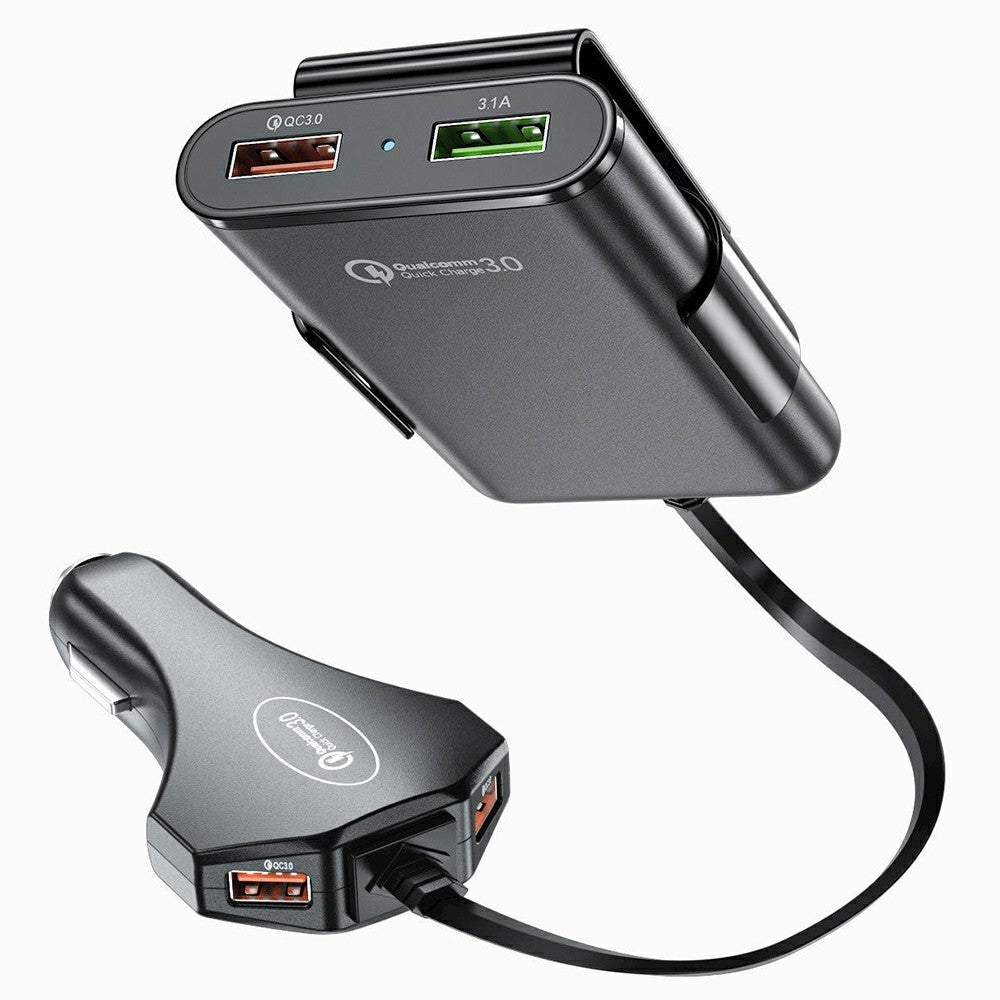 4 USB Ports Car Charger 3.1A QC3.0 Fast Charging Adapter with 5.6ft Cable for Front and Rear Seat Passengers