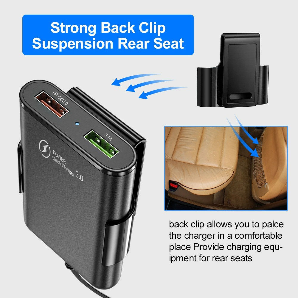 4 USB Ports Car Charger 3.1A QC3.0 Fast Charging Adapter with 5.6ft Cable for Front and Rear Seat Passengers