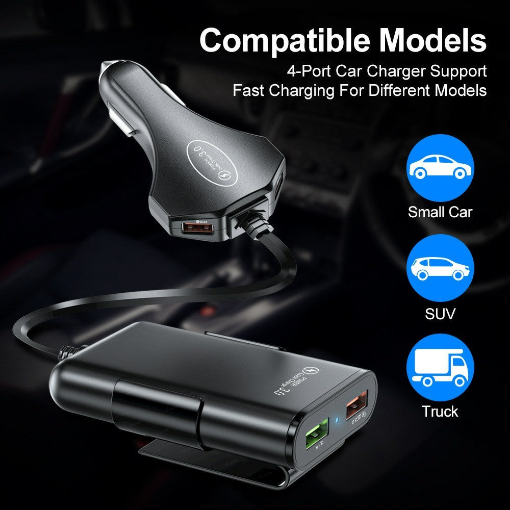 4 USB Ports Car Charger 3.1A QC3.0 Fast Charging Adapter with 5.6ft Cable for Front and Rear Seat Passengers