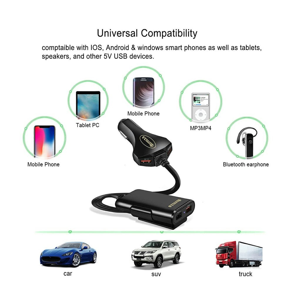 4 USB Ports Car Charger 3.1A QC3.0 Fast Charging Adapter with 5.6ft Cable for Front and Rear Seat Passengers