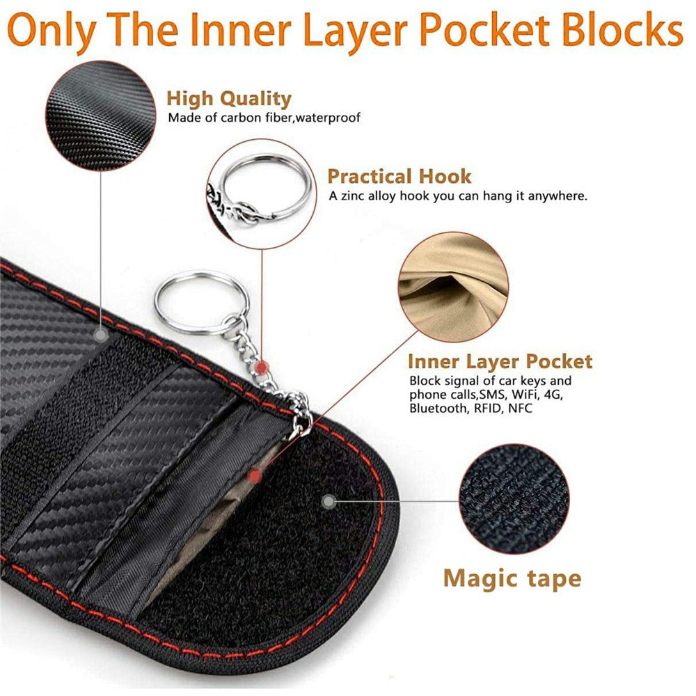 Anti Theft RFID Shielding Key Fob Protector Carbon Fiber Texture PU Leather Car Key Signal Blocking Pouch with Hook