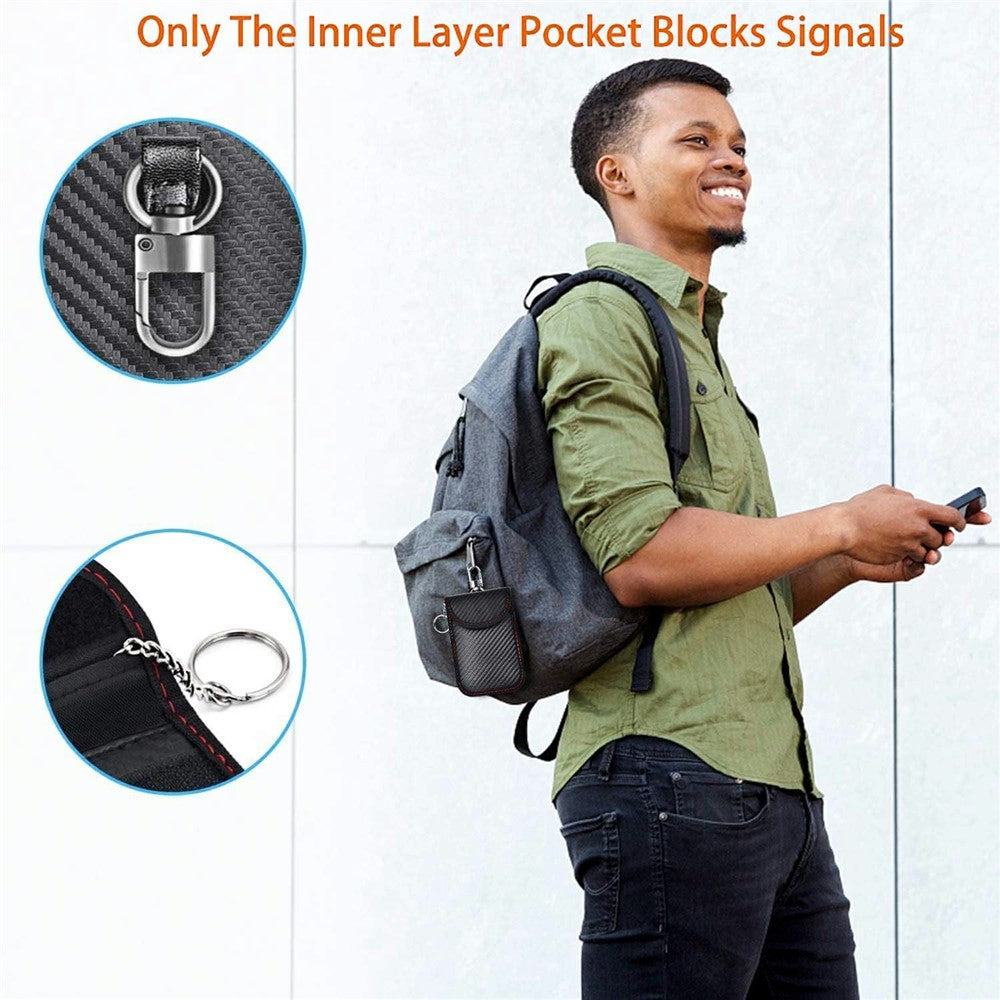 Anti Theft RFID Shielding Key Fob Protector Carbon Fiber Texture PU Leather Car Key Signal Blocking Pouch with Hook