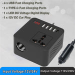 Digital Display Bil Power Inverter DC 12V / 24V til AC 110V / 220V Multifunktionsomformer Oplader med USB C + USB A + AC Stikkontakt