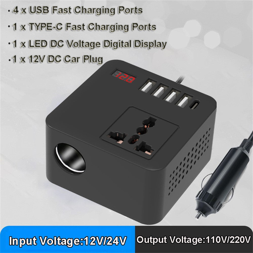 Digital Display Bil Power Inverter DC 12V / 24V til AC 110V / 220V Multifunktionsomformer Oplader med USB C + USB A + AC Stikkontakt