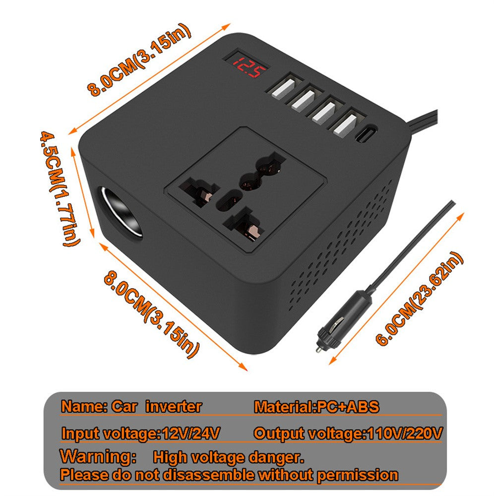 Digital Display Bil Power Inverter DC 12V / 24V til AC 110V / 220V Multifunktionsomformer Oplader med USB C + USB A + AC Stikkontakt