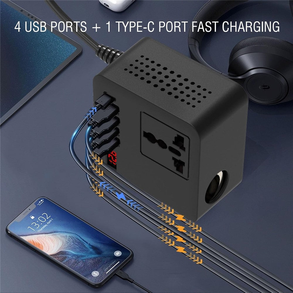 Digital Display Bil Power Inverter DC 12V / 24V til AC 110V / 220V Multifunktionsomformer Oplader med USB C + USB A + AC Stikkontakt
