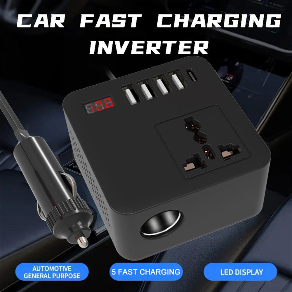 Digital Display Bil Power Inverter DC 12V / 24V til AC 110V / 220V Multifunktionsomformer Oplader med USB C + USB A + AC Stikkontakt