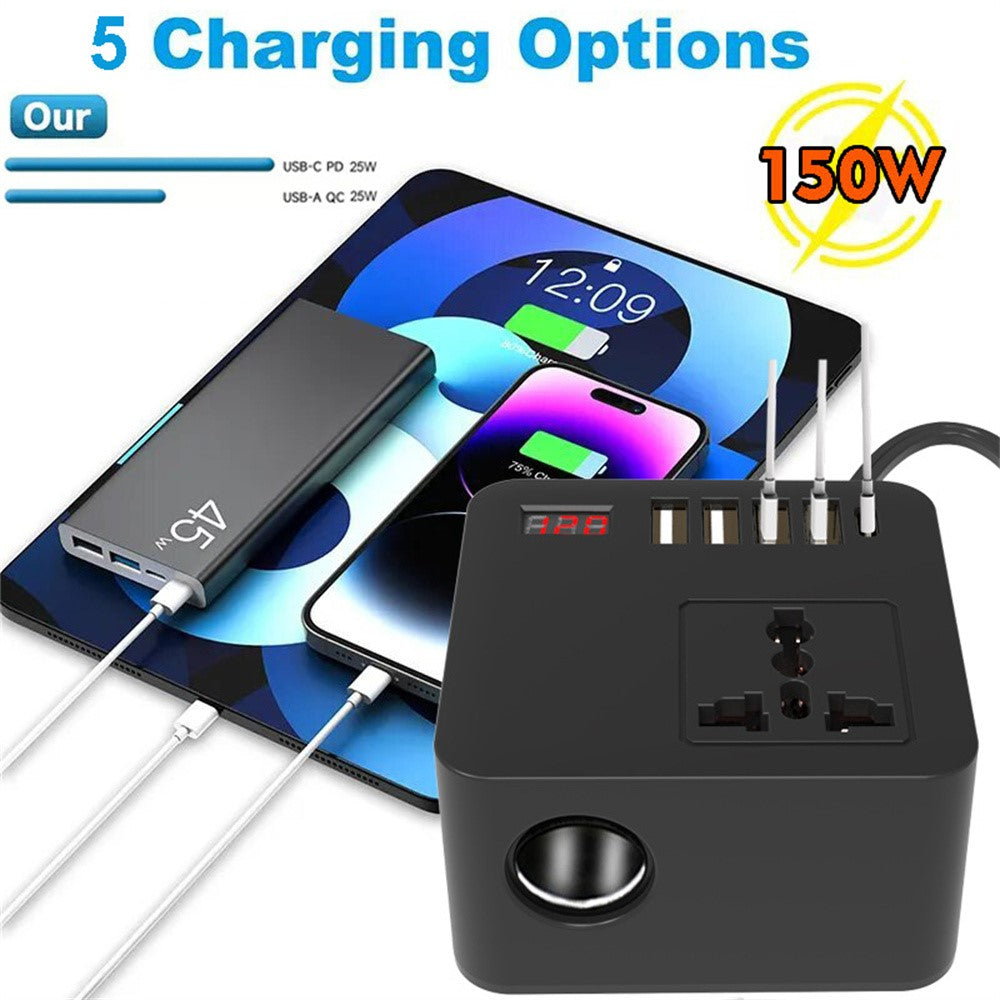Digital Display Bil Power Inverter DC 12V / 24V til AC 110V / 220V Multifunktionsomformer Oplader med USB C + USB A + AC Stikkontakt