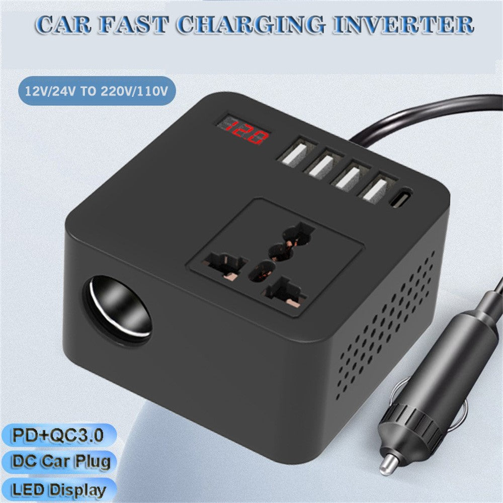 Digital Display Bil Power Inverter DC 12V / 24V til AC 110V / 220V Multifunktionsomformer Oplader med USB C + USB A + AC Stikkontakt