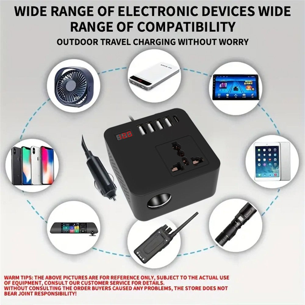 Digital Display Bil Power Inverter DC 12V / 24V til AC 110V / 220V Multifunktionsomformer Oplader med USB C + USB A + AC Stikkontakt