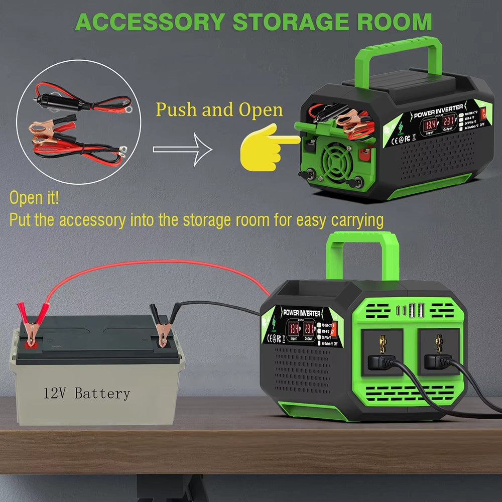 300W 12V DC to 220V AC Car Power Inverter with AC Outlet 2 USB + 2 Type-C Fast Charger for Laptop Tablet
