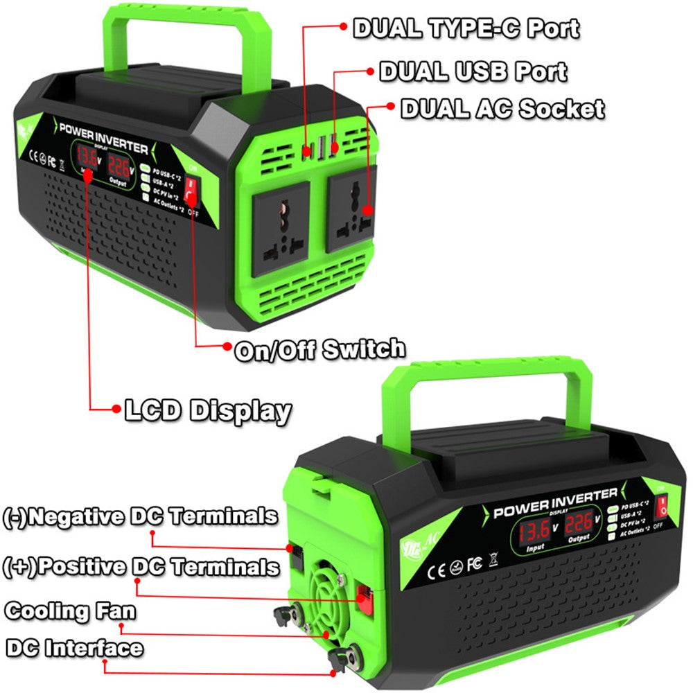 300W 12V DC to 220V AC Car Power Inverter with AC Outlet 2 USB + 2 Type-C Fast Charger for Laptop Tablet