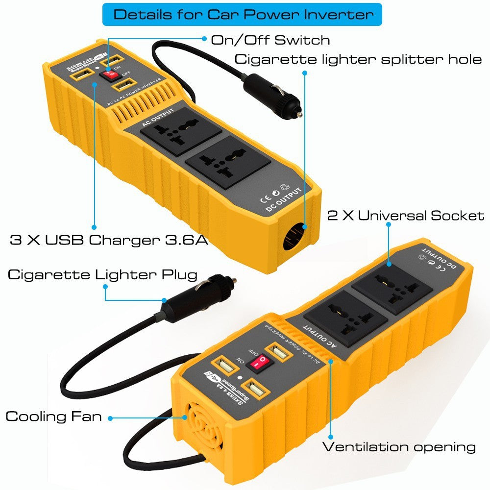 12V DC til 220V AC 400W Bil Power Inverter Bærbar 3 USB-porte + 2 AC-udtag Konverter