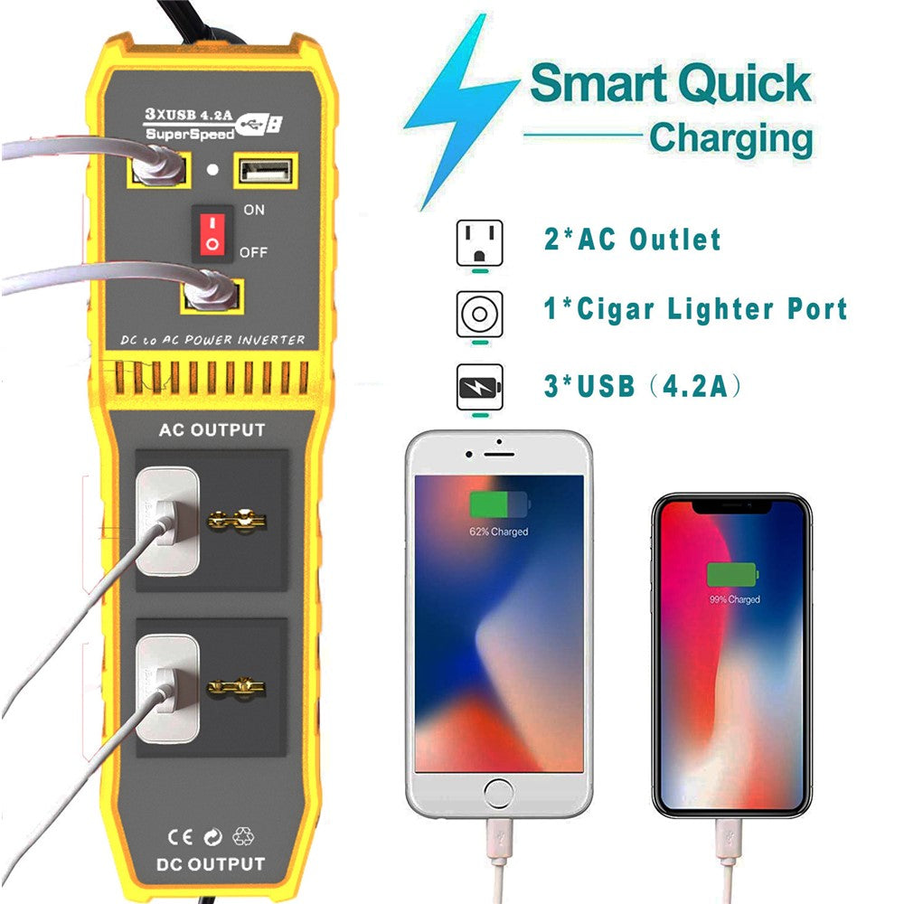 12V DC til 220V AC 400W Bil Power Inverter Bærbar 3 USB-porte + 2 AC-udtag Konverter