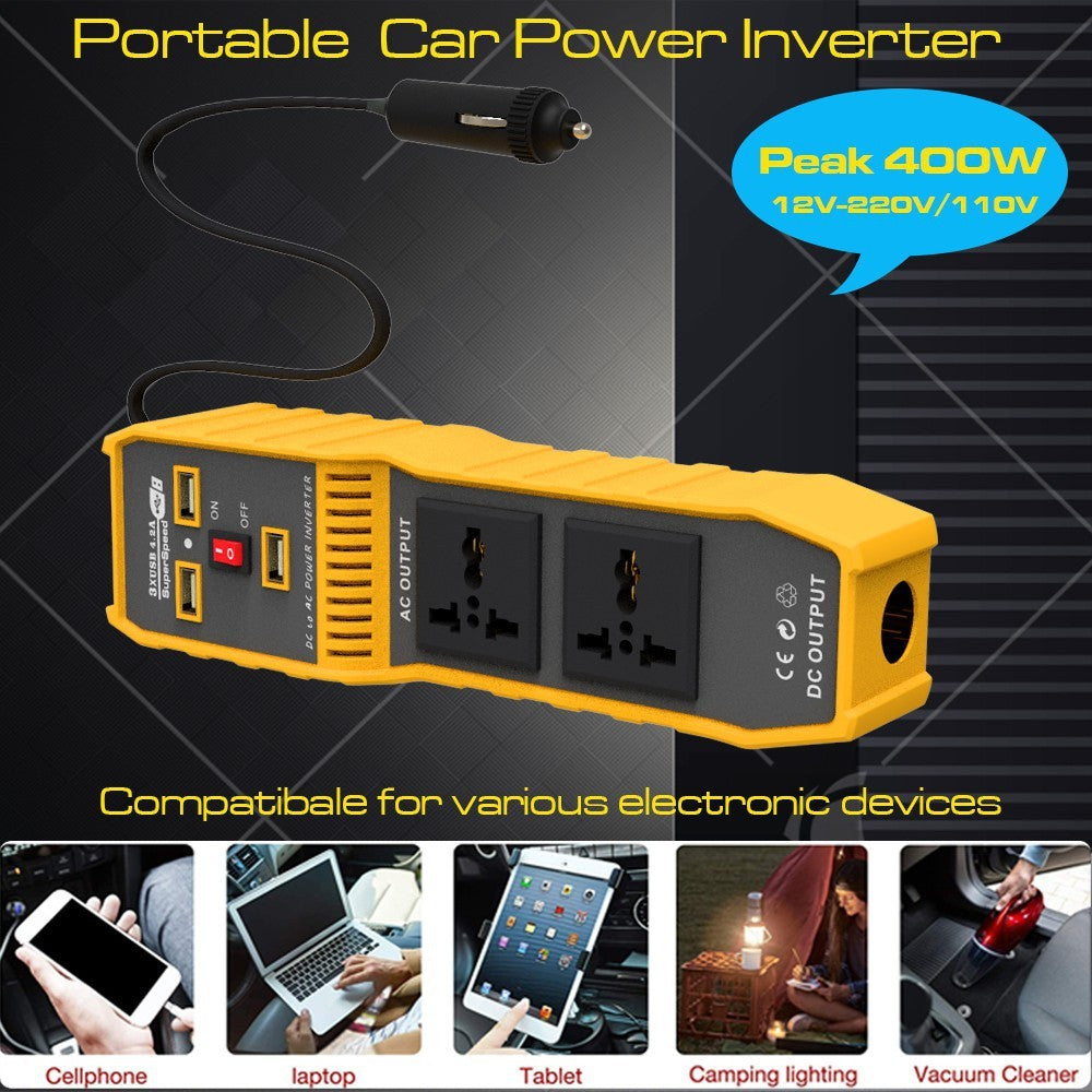 12V DC til 220V AC 400W Bil Power Inverter Bærbar 3 USB-porte + 2 AC-udtag Konverter
