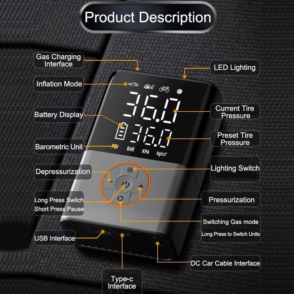 60W 150PSI Portable Wireless Mini Car Tire Air Pump Digital Display Handheld Inflator with LED Light