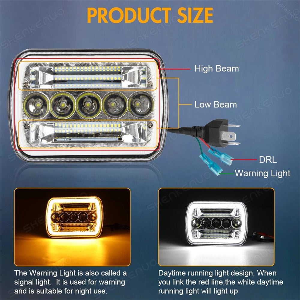7 Inch 5-LED Square Headlight Dual Color High Low Beam Car DRL Turn Signal Daytime Running Lamp