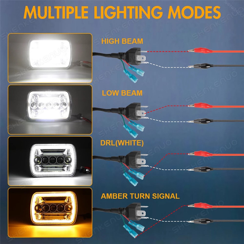 7 Inch 5-LED Square Headlight Dual Color High Low Beam Car DRL Turn Signal Daytime Running Lamp