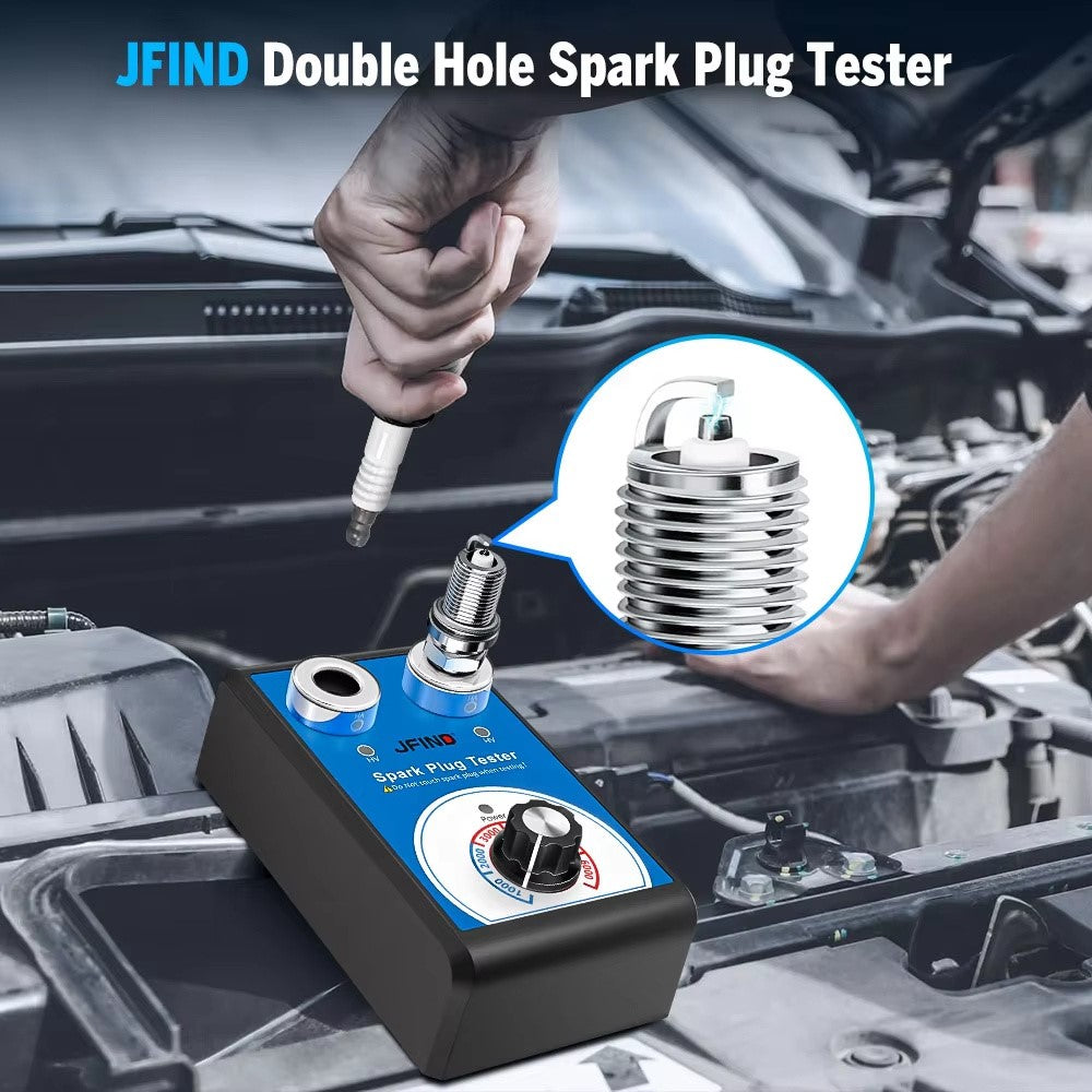 JFIND JF109 13mm Double Hole Spark Plug Tester 110V / 220V to 12V Car Motorcycle Detector Ignition Plug Analyzer