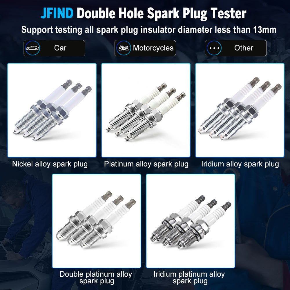 JFIND JF109 13mm Double Hole Spark Plug Tester 110V / 220V to 12V Car Motorcycle Detector Ignition Plug Analyzer