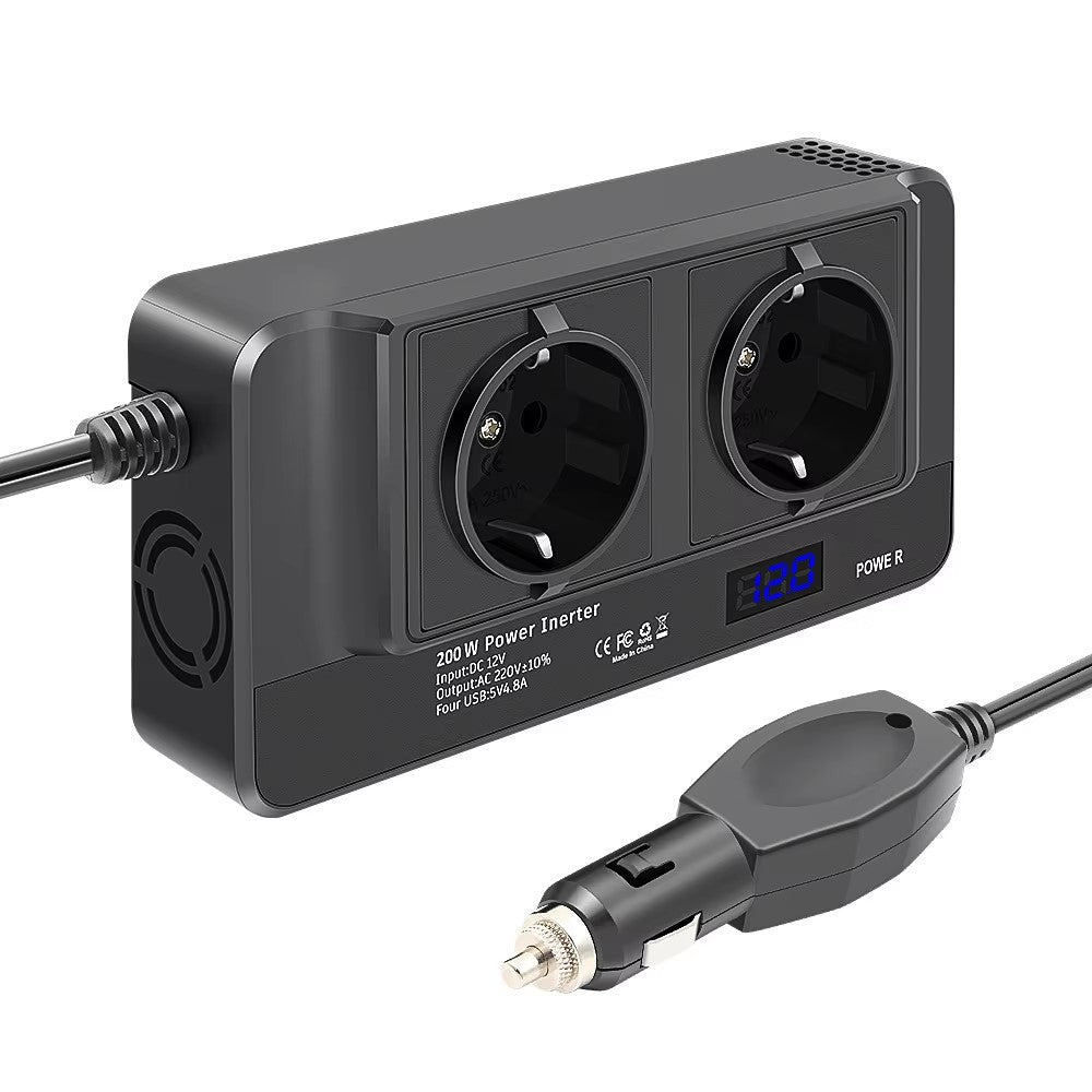 12V to 220V Converter Digital Display 200W Car Power Inverter with Dual EU Sockets and 4 USB Ports