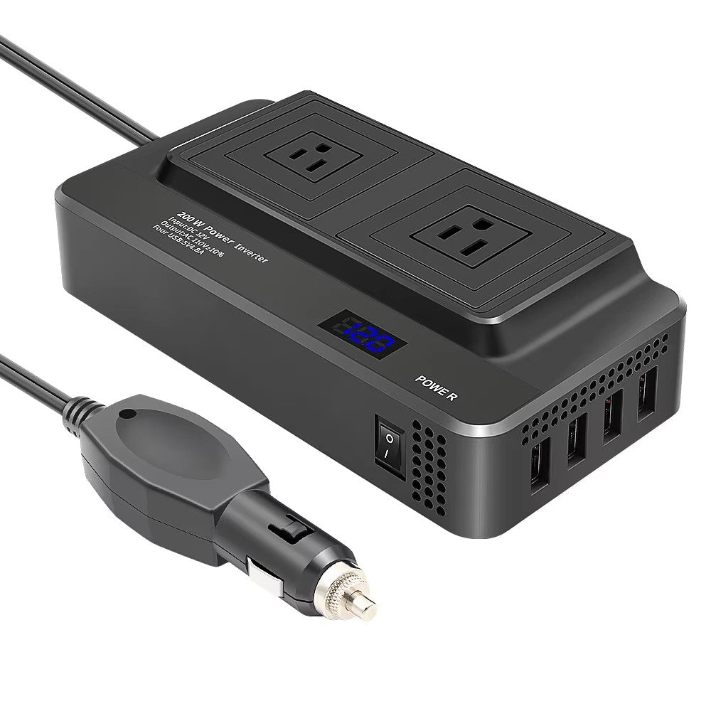 12V to 220V Converter Digital Display 200W Car Power Inverter with Dual EU Sockets and 4 USB Ports