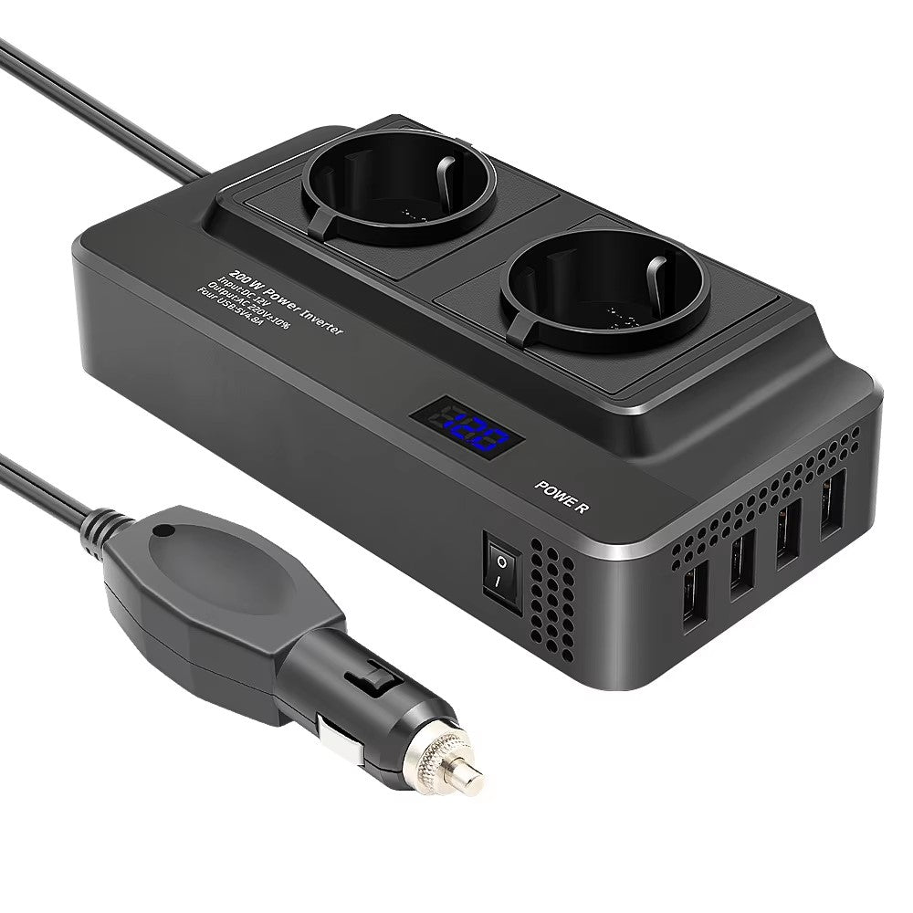 12V to 220V Converter Digital Display 200W Car Power Inverter with Dual EU Sockets and 4 USB Ports