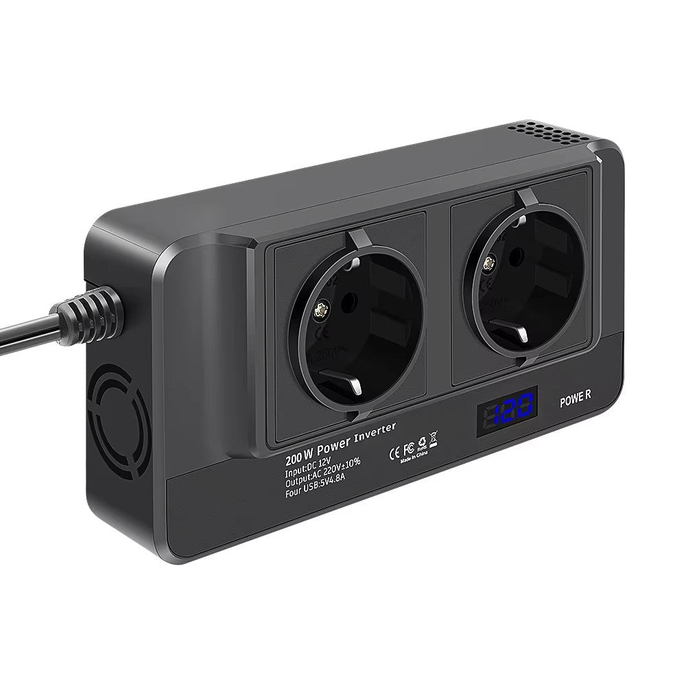 12V to 220V Converter Digital Display 200W Car Power Inverter with Dual EU Sockets and 4 USB Ports