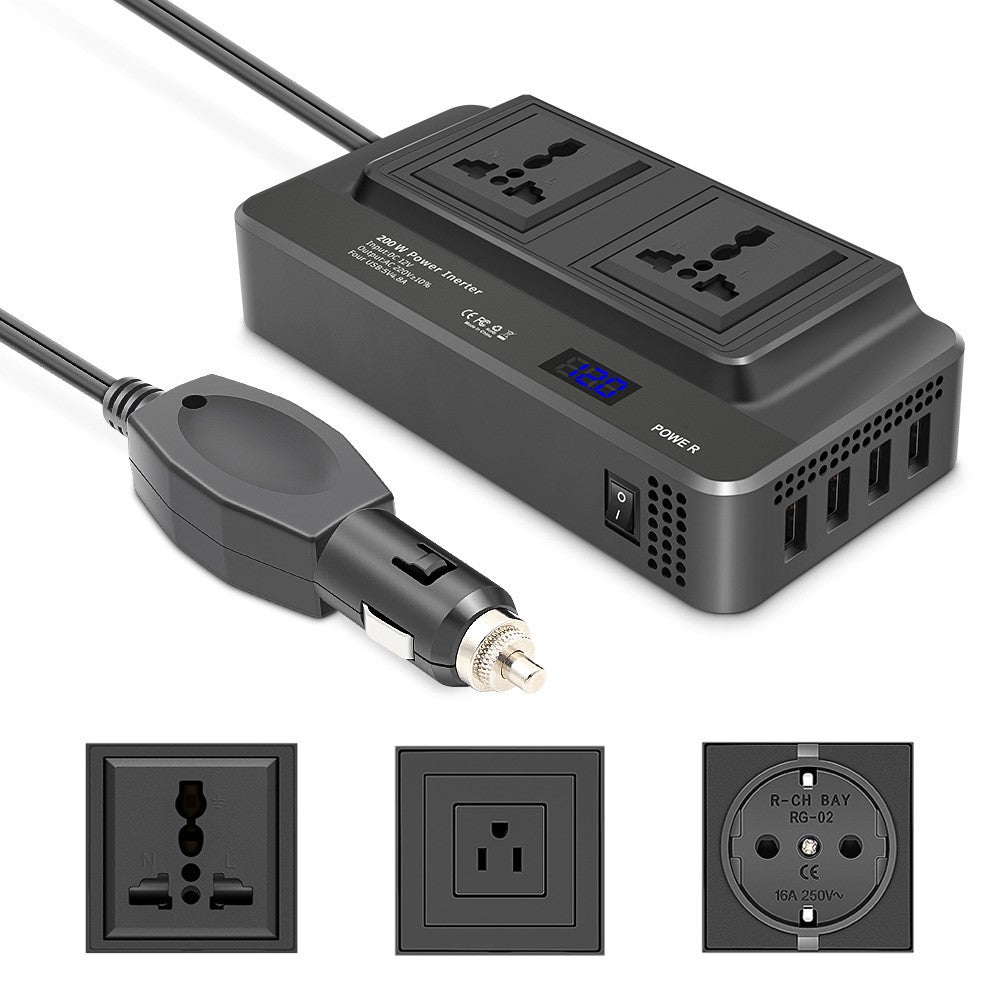 Digital Display Bil Strøminverter 12V til 220V Konverter Universal Stikdåse med 2 AC-udtag og 4 USB-porte