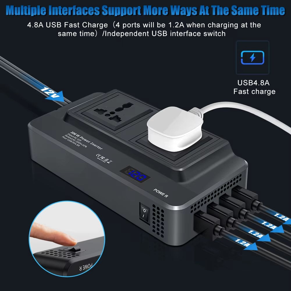 Digital Display Bil Strøminverter 12V til 220V Konverter Universal Stikdåse med 2 AC-udtag og 4 USB-porte