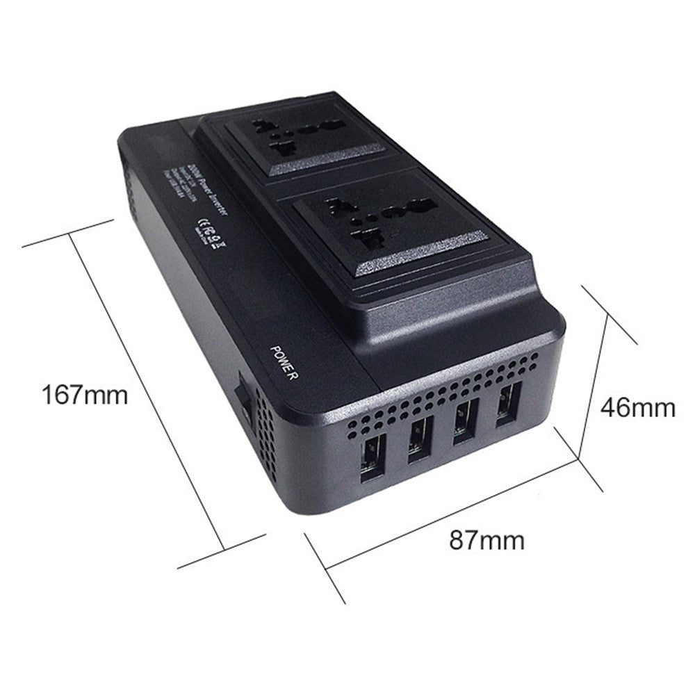 Digital Display Bil Strøminverter 12V til 220V Konverter Universal Stikdåse med 2 AC-udtag og 4 USB-porte