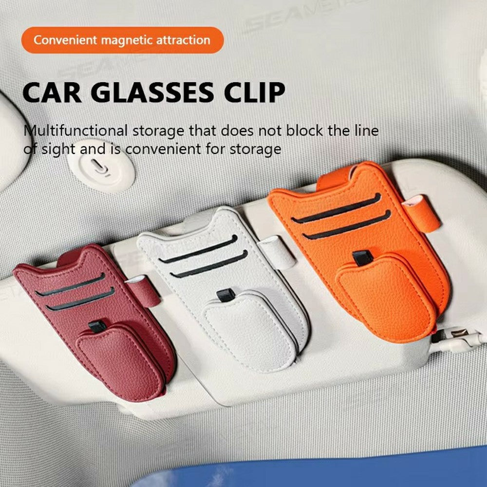 Multi-Functional Sunglasses Holder for Car Sun Visor Clip On PU Leather Card Organizer with Pen Loop